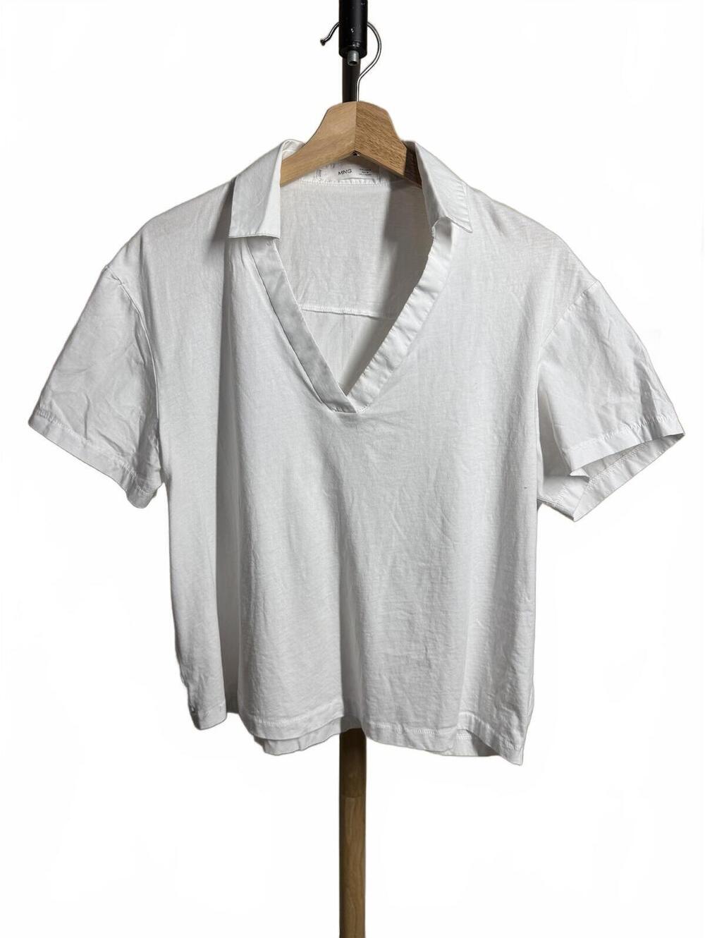 Mango White Collared V-Neck Short Sleeve Shirt